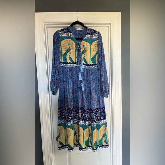 R. Vivimos Boho Festival Midi Blue/Yellow Peacock Print Dress Womens Sz L EUC - Picture 1 of 15